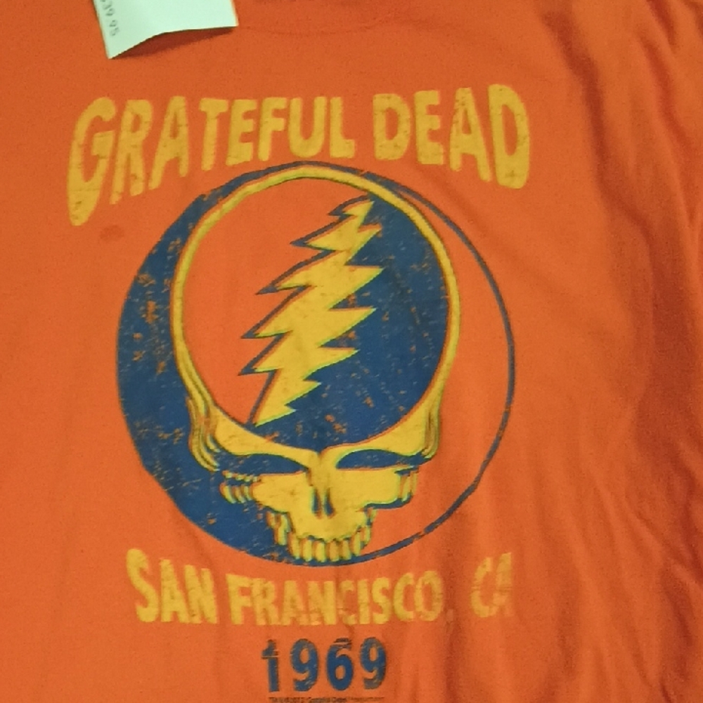 Grateful Dead Orange Tee with Blue and Yellow Skull Bolt
